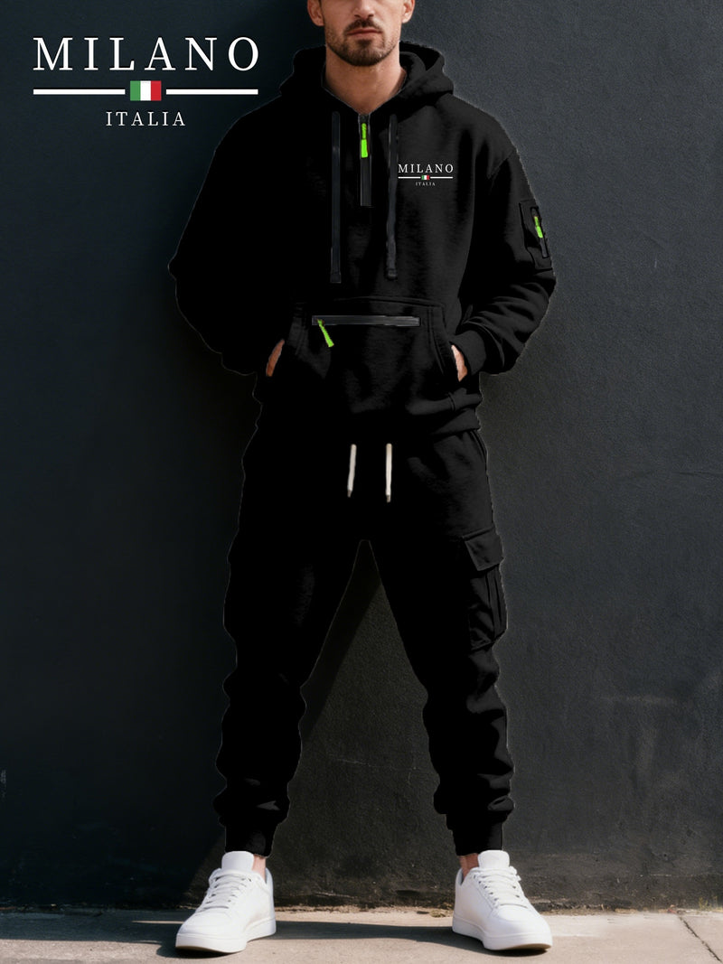 Men's Halloween Paris Letter Print Hoodie & Drawstring Cargo Jogger.