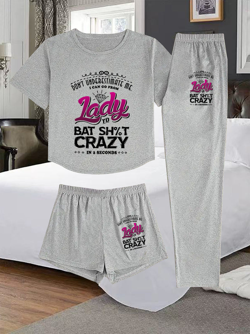 A Three-Piece Women's Loungewear Set, Featuring a Printed Design.