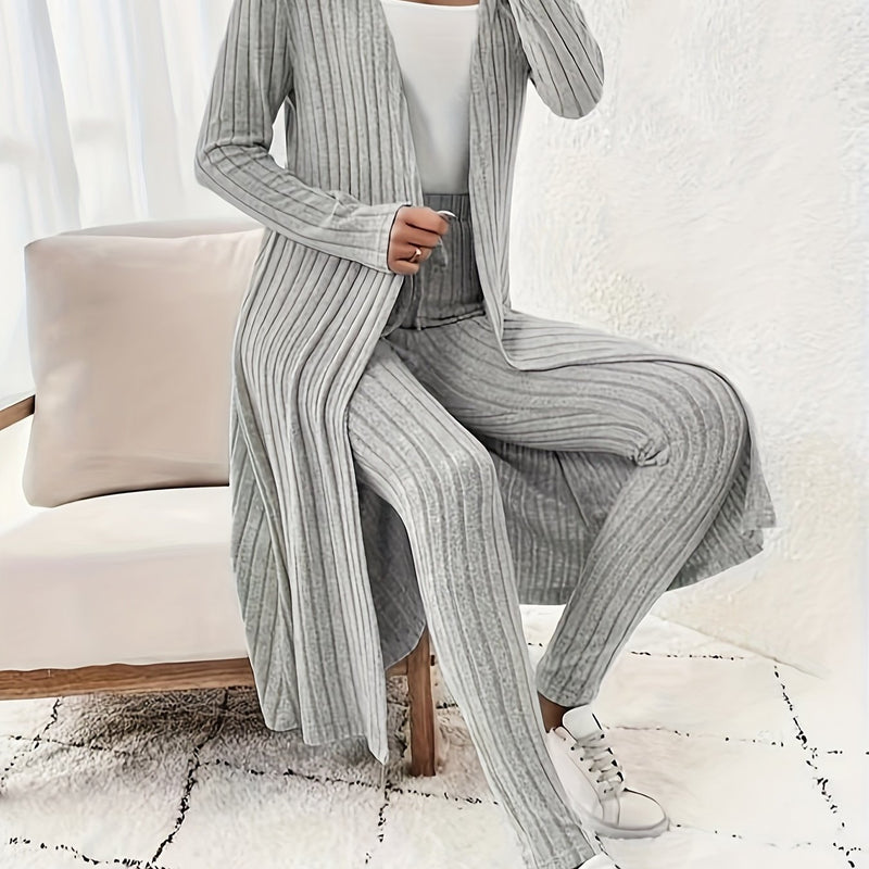Women's Brushed Wide Stripe Solid Color Long Sleeve Long Cardigan And Pants.