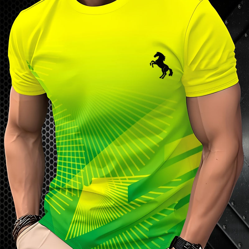 Men's 3D Gradient Yellow-blue Sweat Horse Print Short-sleeve T-shirt.