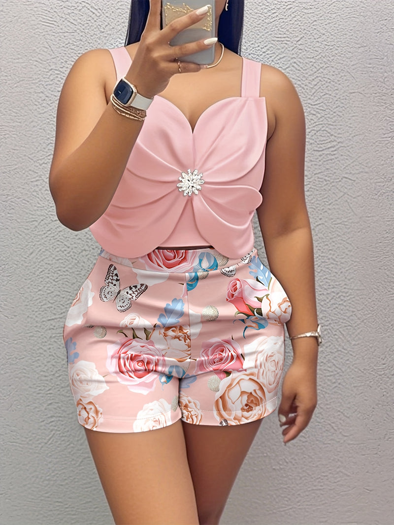 Women’s Solid Color Top with 3D Floral Rhinestones And Printed Shorts Two-Piece.