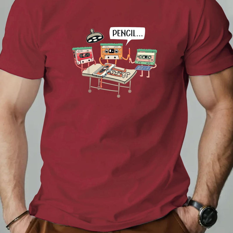 Men's Summer Casual Crew Neck Short Sleeve T-Shirt with Tape Pattern.