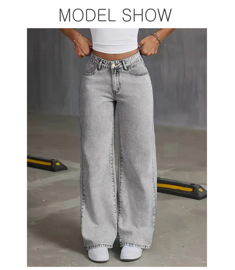 Women's New Stretch Straight Jeans, Wide-leg Jeans with Pockets.