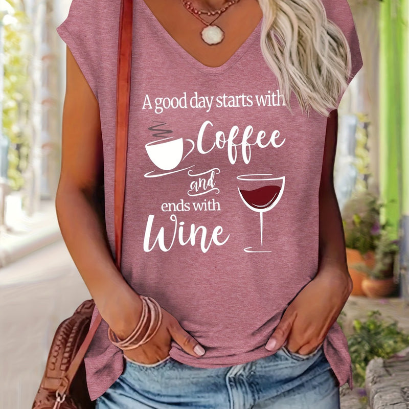 Women’s Comfortable V-Neck Short-Sleeve T-Shirt Features a Print.