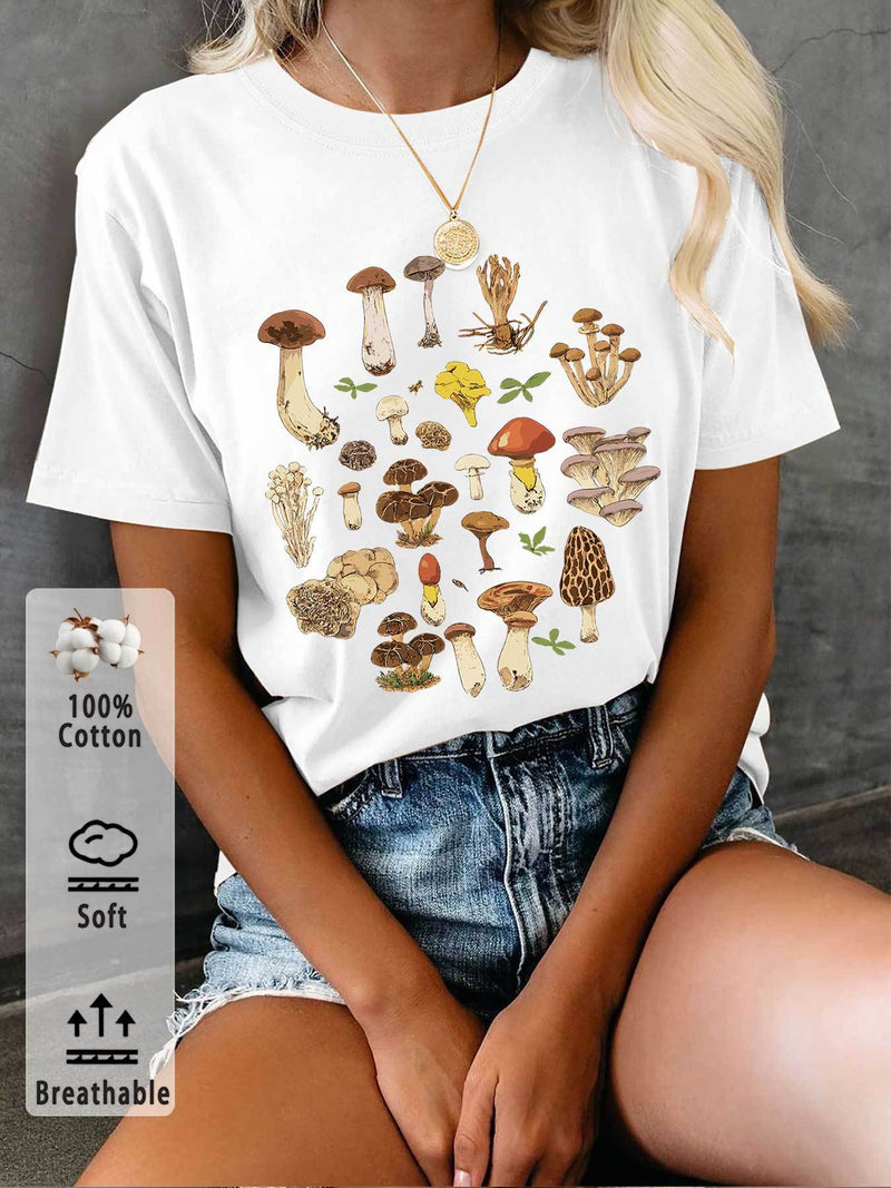 Women’s T-Shirt with Mushroom And Leaf Prints.