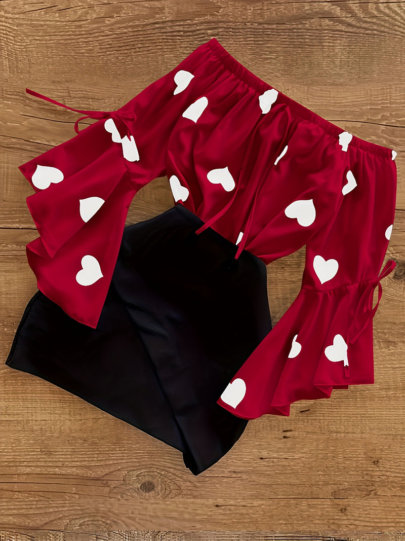 Women’s Featuring a Heart Print Off-Shoulder Top with Flared Sleeves And a Fitted Short.