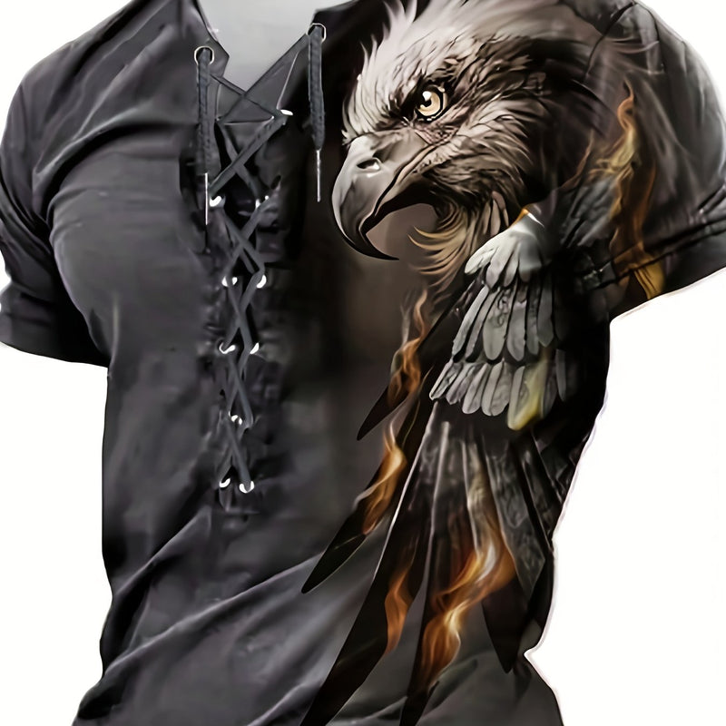 Men's Casual Henley Shirt - Red, Blue, Green, Yellow, Cyan Eagle Print Tie-Back.