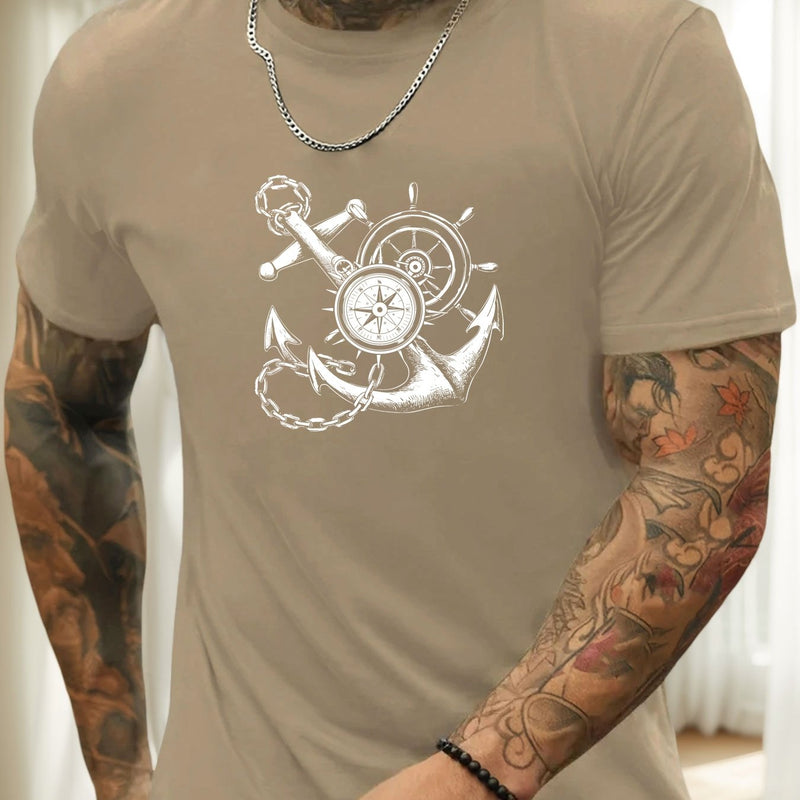 Men's Casual Summer T-Shirt with Anchor and Compass Graphic.