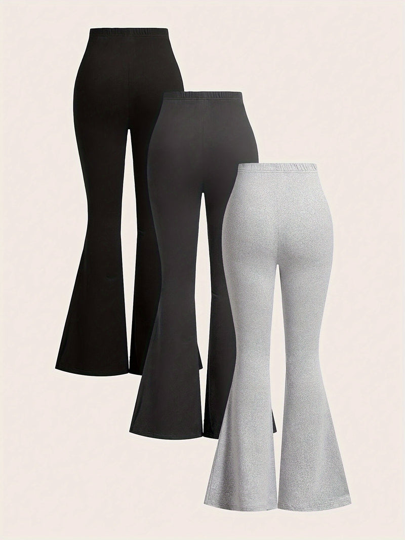 A Three-Piece Women's Solid Color High-Waisted Fitted Flared Pants Set.
