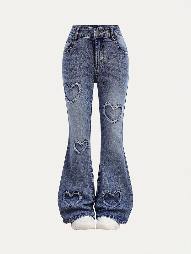 Women's Stretchy Personalized Ripped Heart-Decorated Flared Pants.