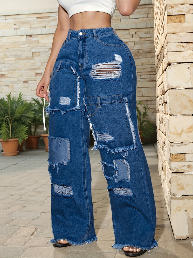 Plus-Size Women's Ripped Denim Long Pants.
