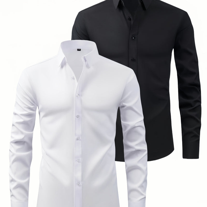 Two-Piece Set of Men's Solid Color Elastic Shirts.