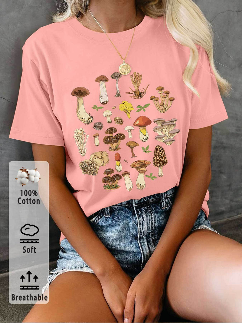 Women’s T-Shirt with Mushroom And Leaf Prints.