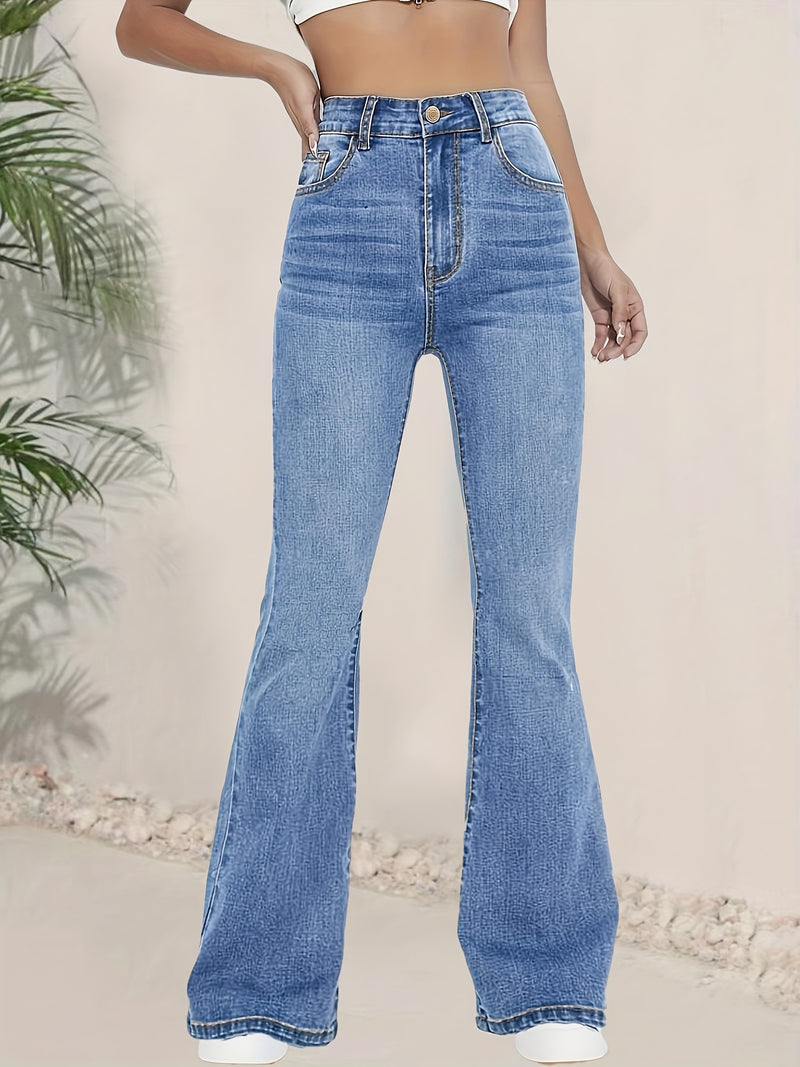 Fashionable And Versatile High-Waisted Stretchy Blue Flared Jeans for Women.