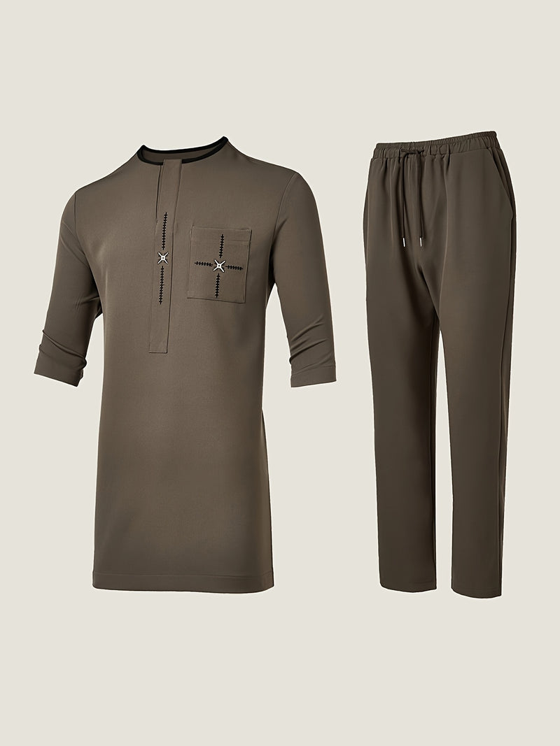 Men'S Classic Embroidered Suit, Summer Mid-Sleeve Top.