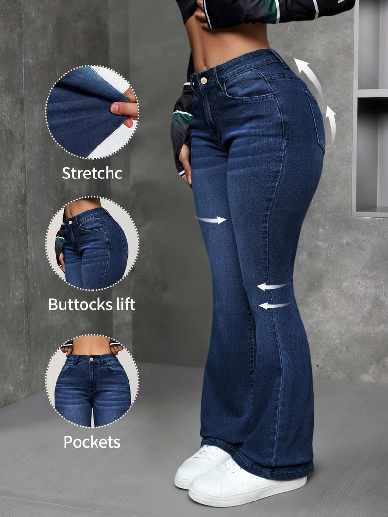 Women’s Fashionable Deep Blue High-Waist Flare Jeans.