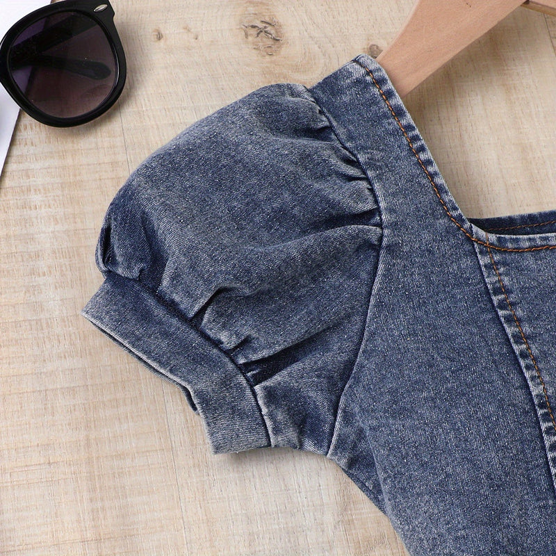 Girls Casual Trendy Stylish Y2K Denim Cropped Top & Shorts Set For Summer Holiday.