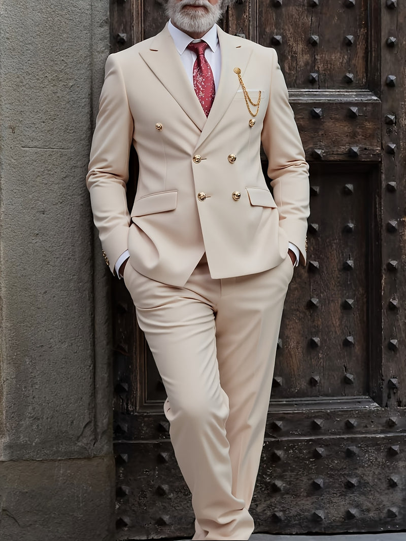 Men's 2pcs Suit, Double-Breasted Notch Lapel Solid Color Blazer and Pants Set.