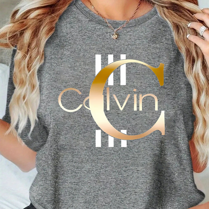 Women's Short-Sleeve Round-Neck T-Shirt with A-Z Letter Print.