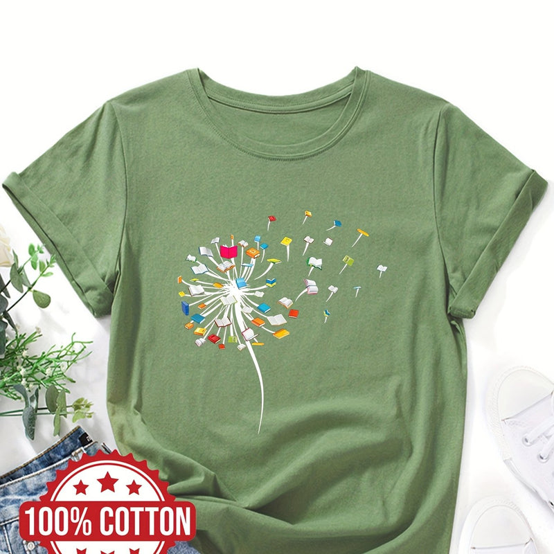 Women's "Dandelions and Books" Graphic T-Shirt.