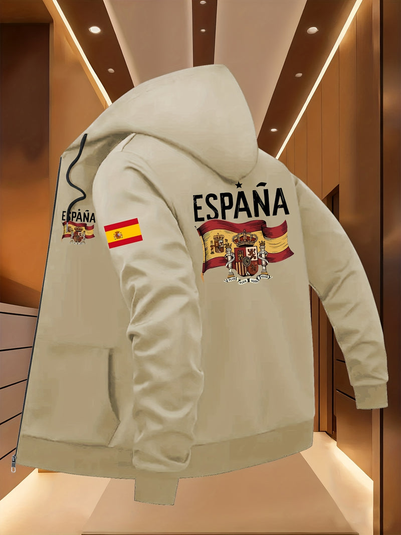 Men's Spanish Flag & Spain Lettering Print Hooded Jacket.