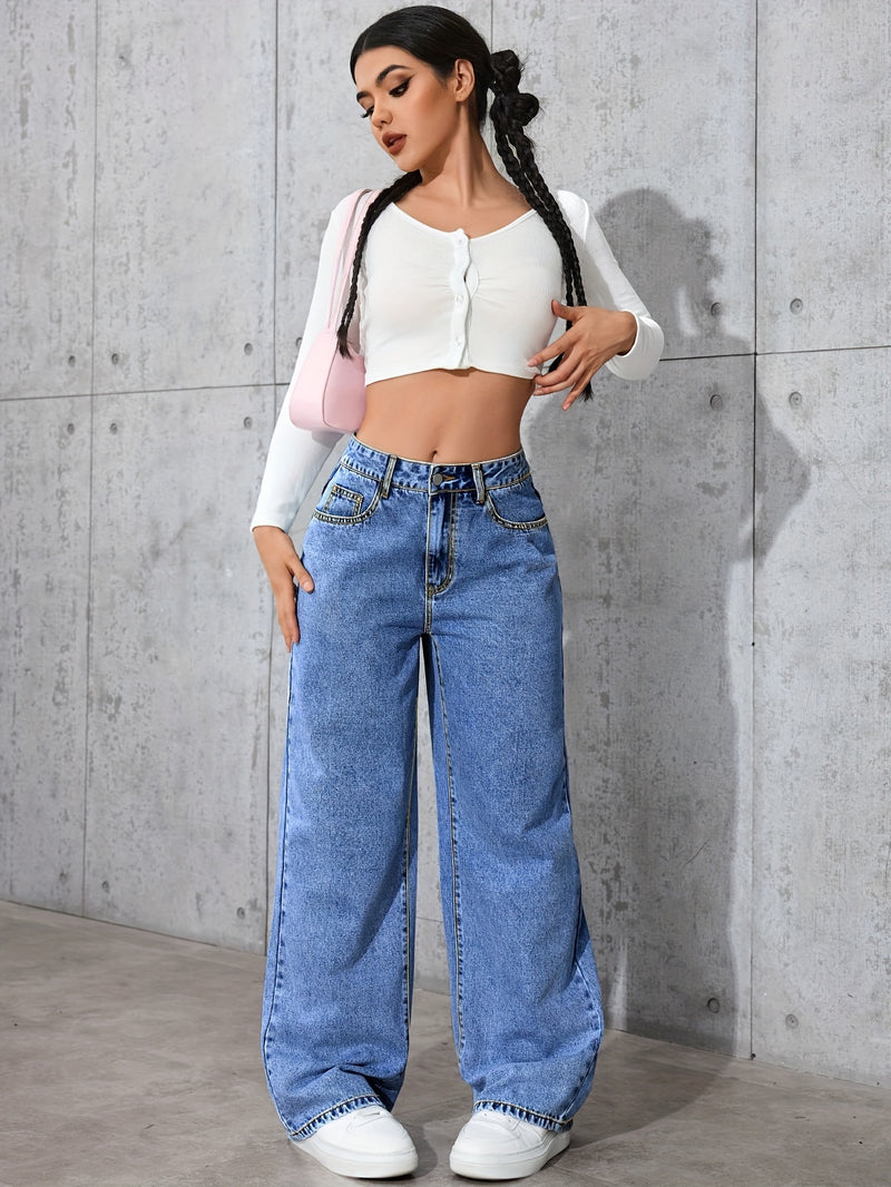 Women's High-Waisted Minimalist Versatile Vintage Wide-Leg Jeans.