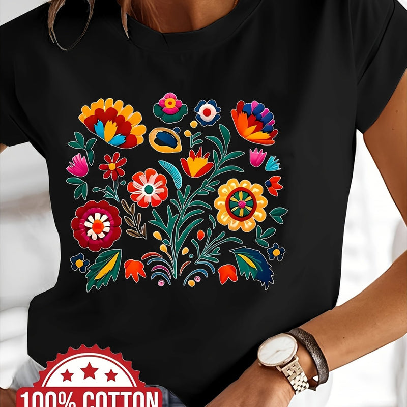 Women’s Casual Short-Sleeve T-Shirt with a Floral Graphic Print.