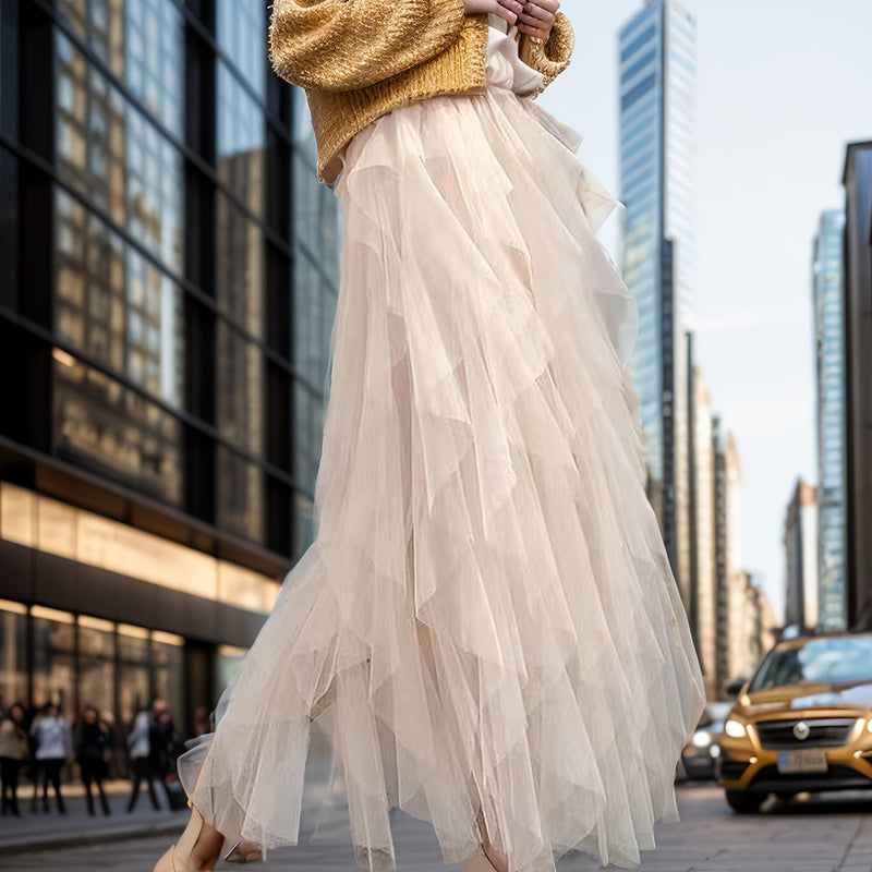Women’s Irregular High-Waisted A-Line Tulle Skirt, Layered Tulle Skirt.