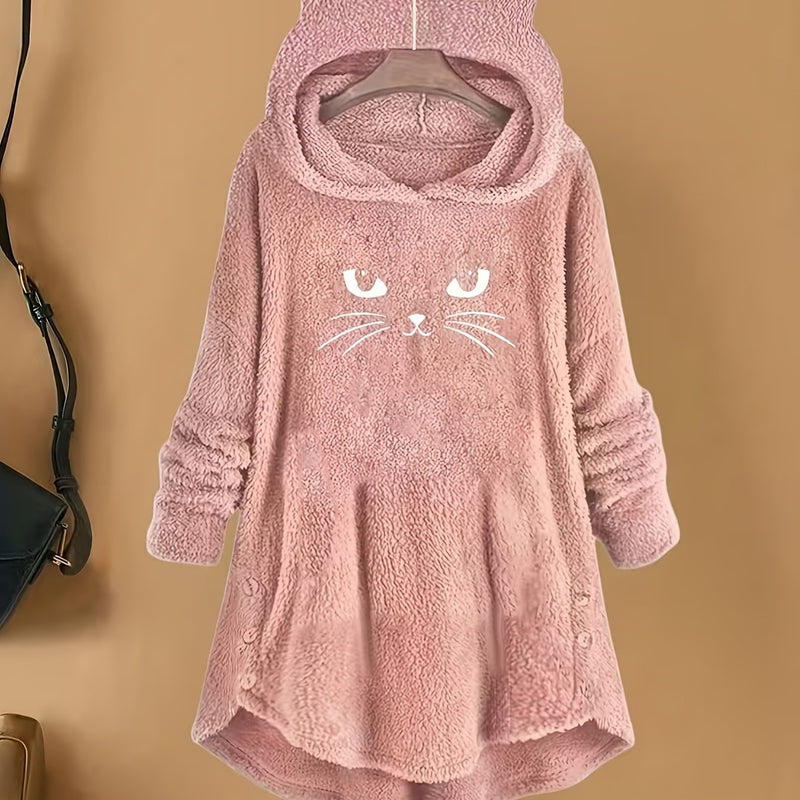 Women's Fashion Fluffy Embroidered Cat Ear Casual Hoodie.
