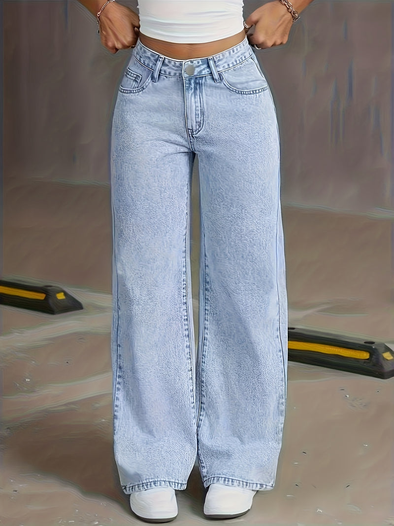 Women's Mid-Rise Wide-Leg Jeans with Elastic Back Waistband.