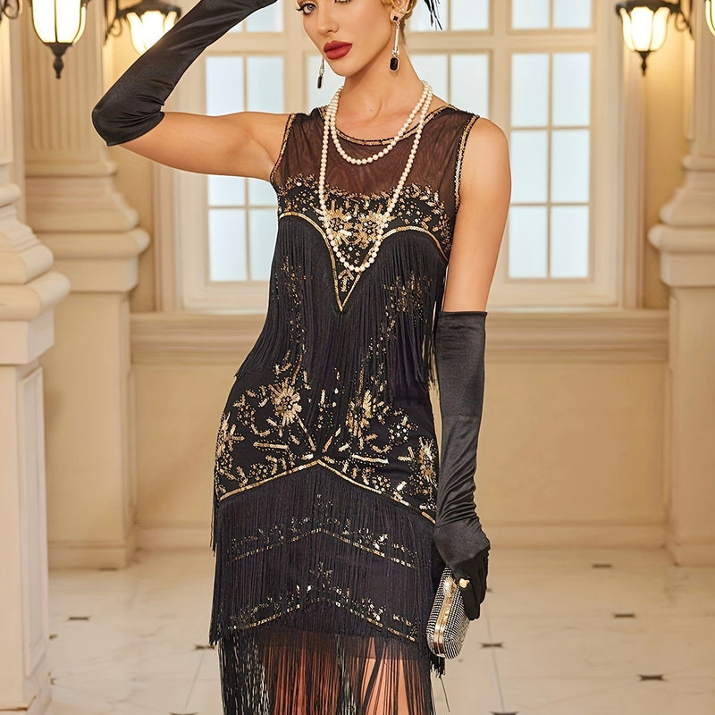 Women’s Vintage Sequin Dress Gatsby Ball Fringe Gown Party Banquet Dance Dress.