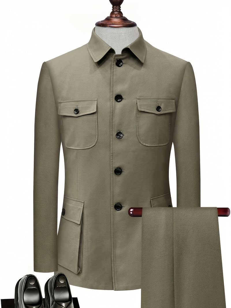 2pcs Men's Chinese Suit Set - Cheongsam + Formal Pants.