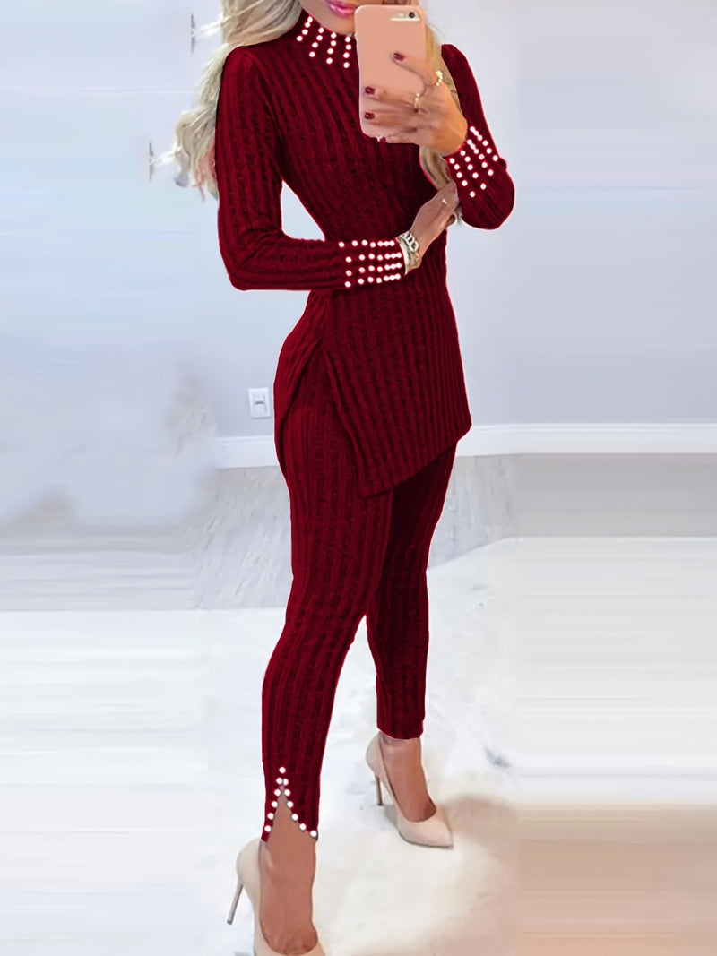 Elegant Women's Split-Top And Long Pants Outfit.