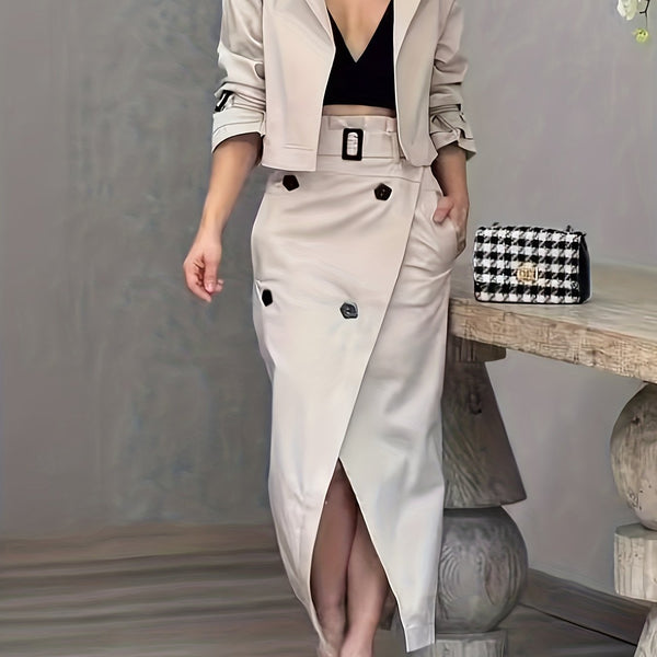 2pcs Women's Elegant V-Neck Blouse & Skirt Set.