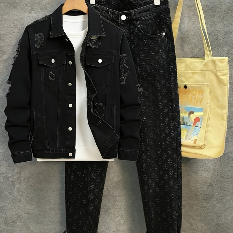 Men's Black Vintage-Washed Denim Two-Piece Set.