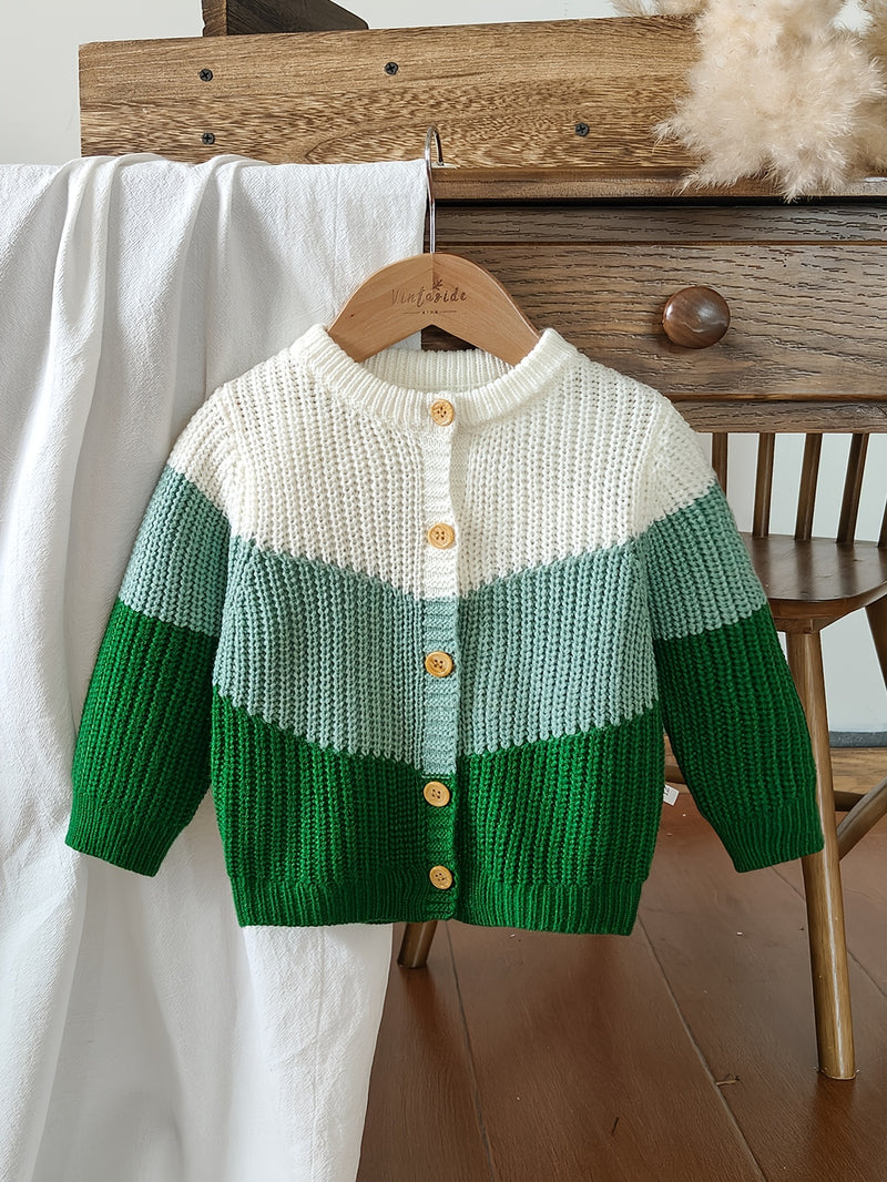 Baby Retro Tricolor Color Blocking Knitted Cardigan.