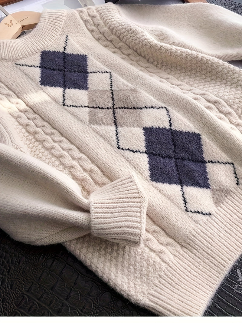 Mid-Sized Diamond Patterned Jacquard Turtleneck Sweater.