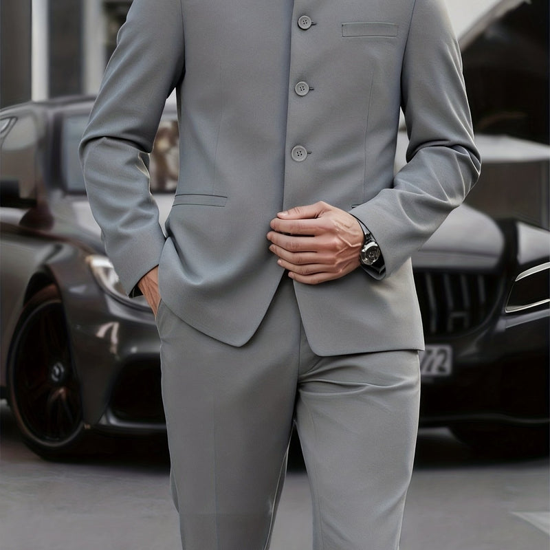 2pcs Men's Mao Suit Jacket and Trousers Set for Banquet and Business.