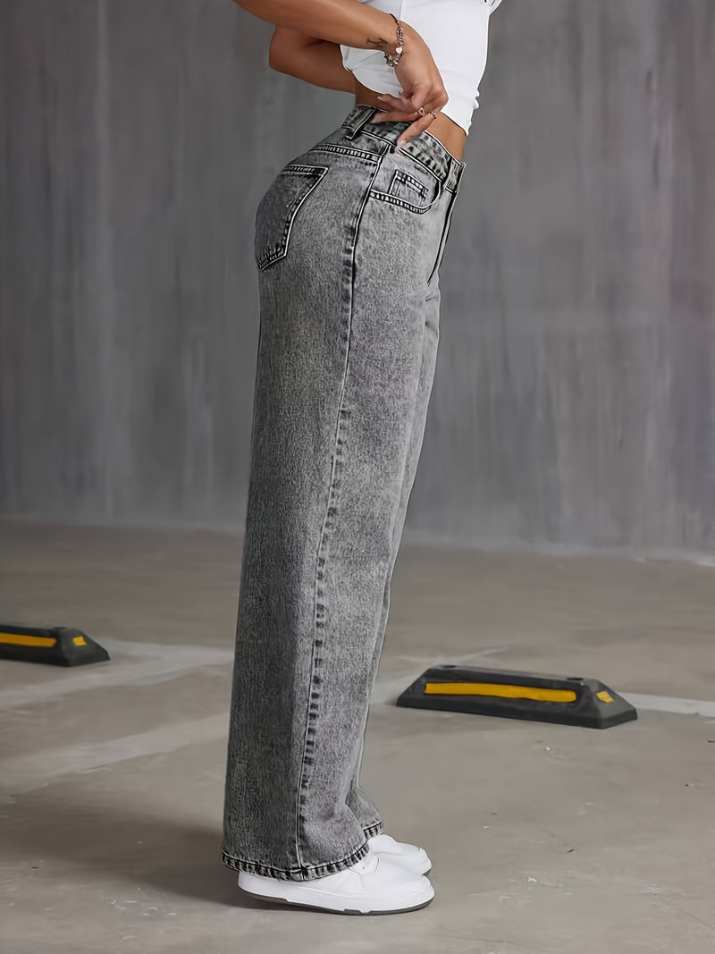 Women's High Waisted Wide Leg No Stretch Vintage Washed Jeans.