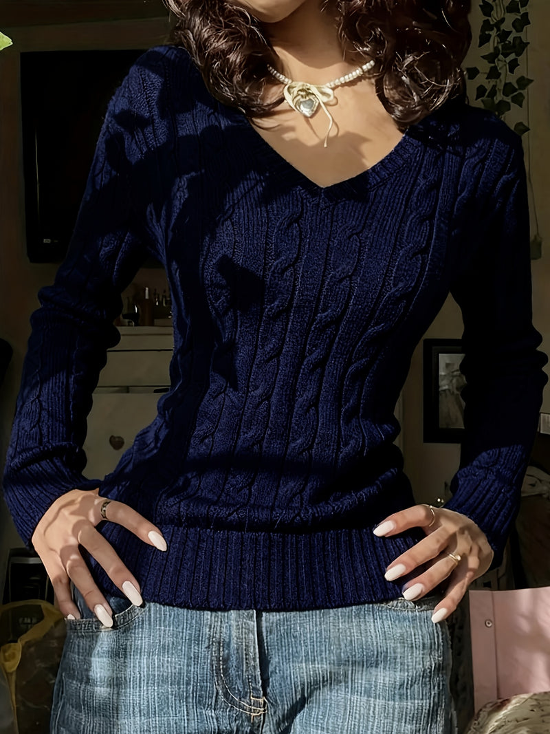 Women's Slim-Fit V-Neck Cable Sweshirt.