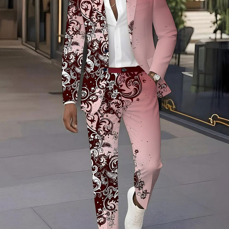 Men'S Suit Set, Featuring a Classic Deep Red Gradient Floral Pattern.
