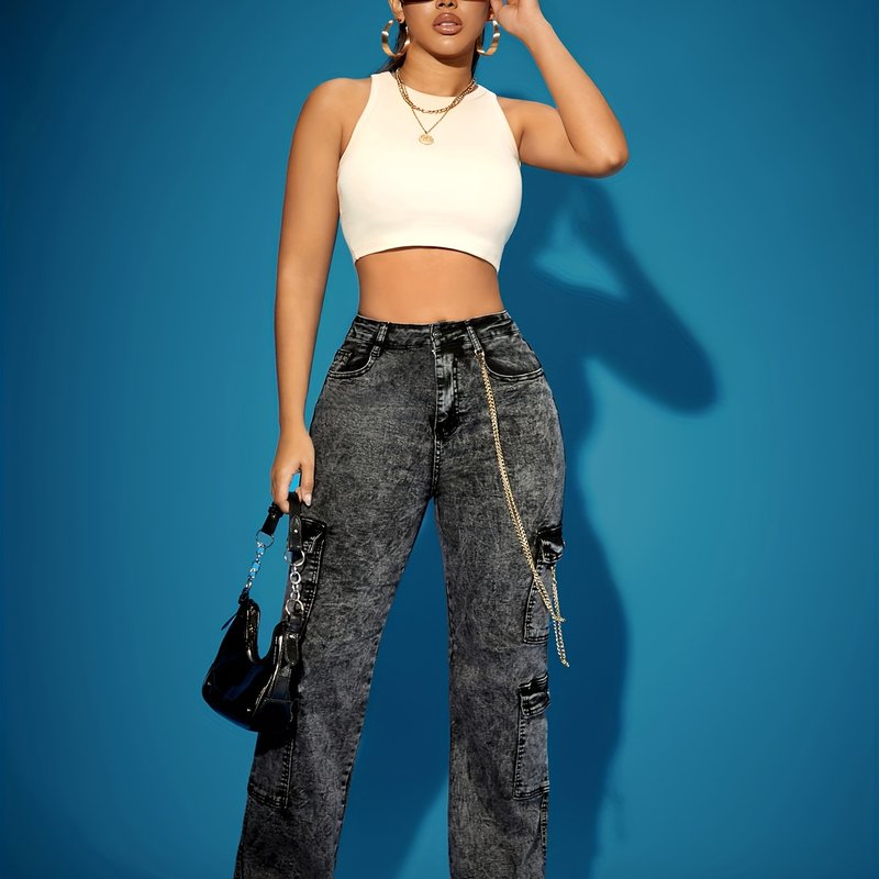 Women's High-Waist Stretch Denim Cargo Pants.