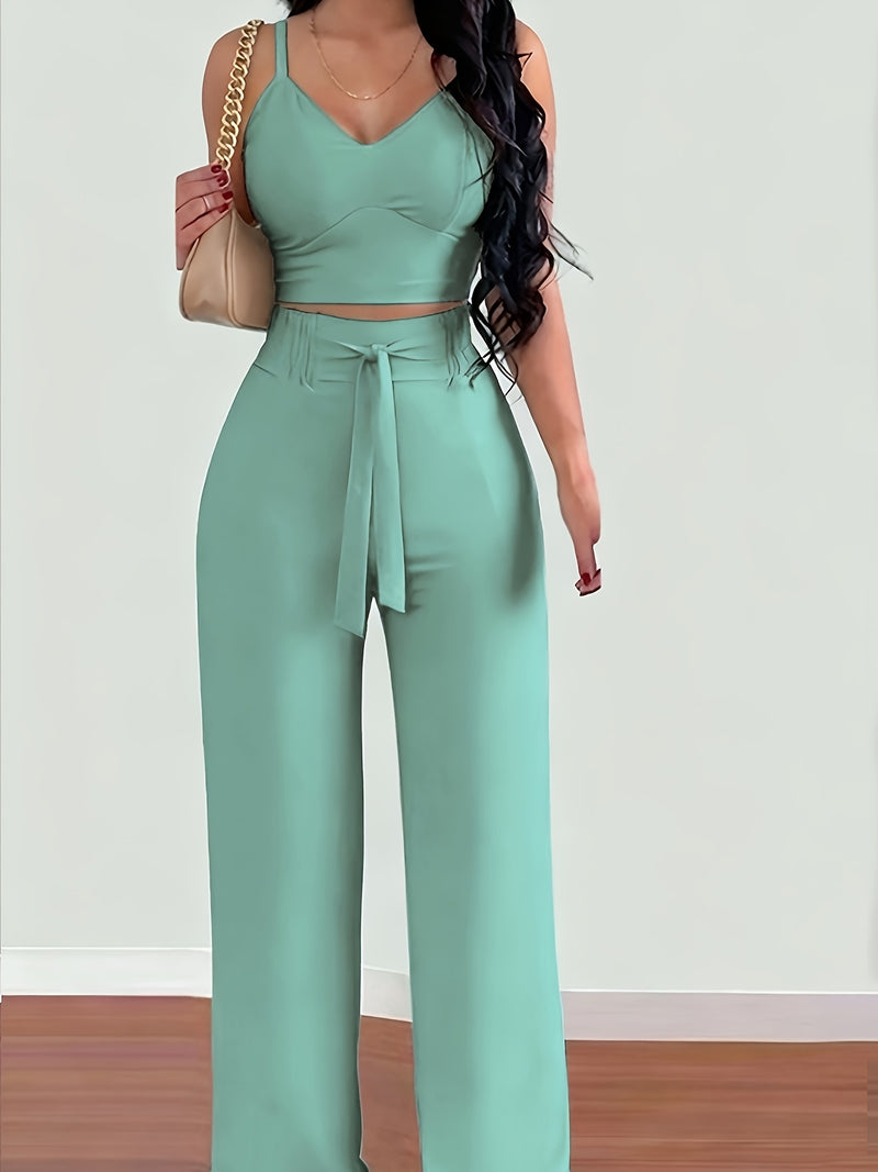 2-piece Women's Set with Thin Strap Stretch Camisole and Wide-leg Pants.