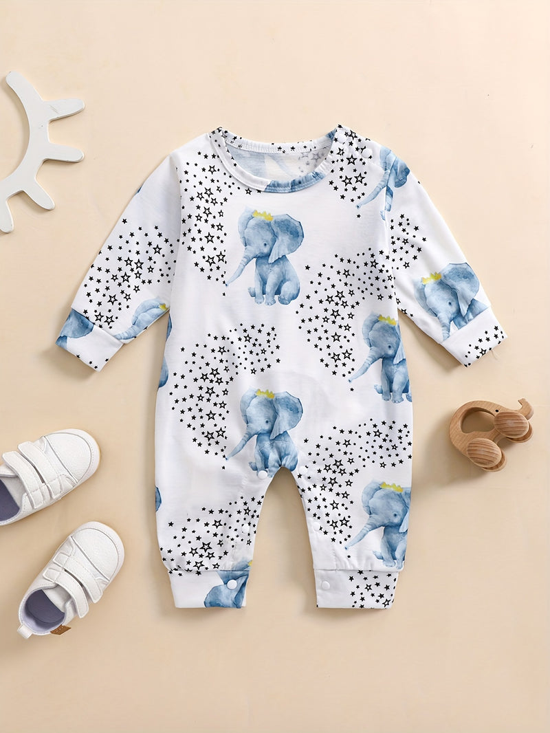 Cute Baby Elephant Water Play Pattern Long-Sleeve Romper.