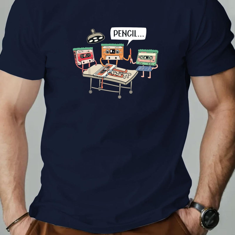 Men's Summer Casual Crew Neck Short Sleeve T-Shirt with Tape Pattern.
