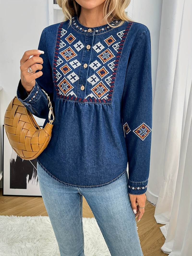 Women's Loose Long-Sleeve Denim Top.