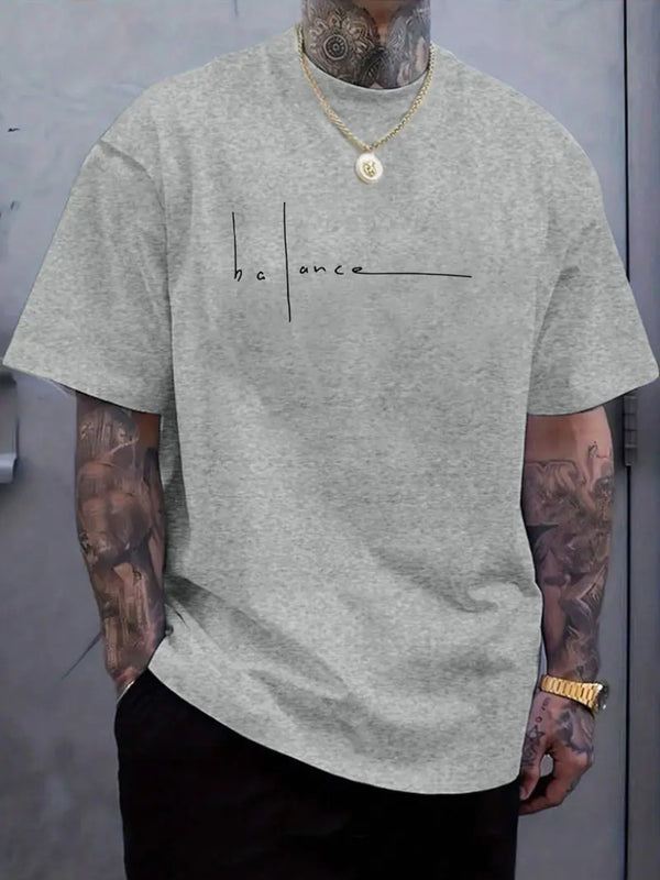 Men's Cotton T-Shirt with Balance Line Art & Minimalist Cursive Lettering.