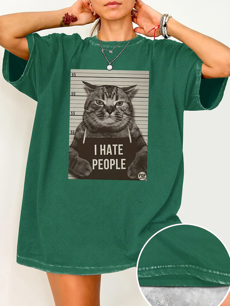 Cat Print Loose Round Neck Fashion Women's Wash Short Sleeve.