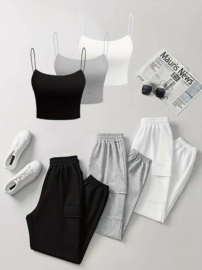 6pcs Women's Casual Short Camisole And Elastic Waist Pocket Work Pants.