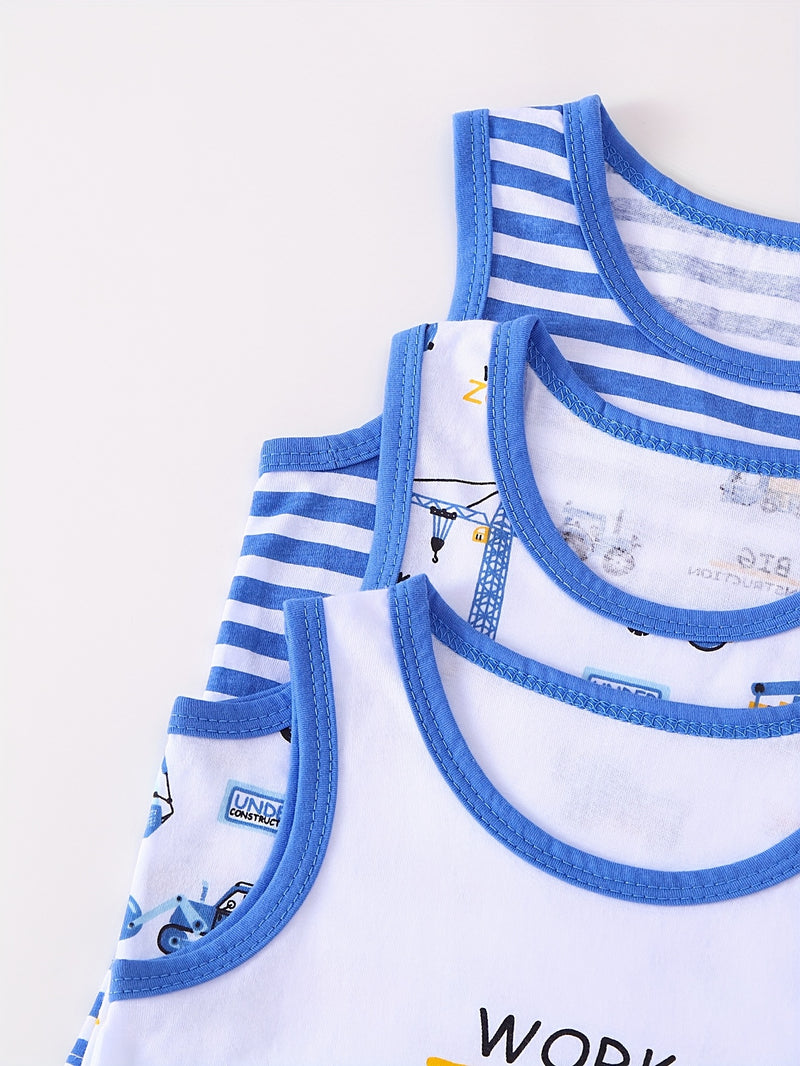 Boys Summer Tank Top Set 3pcs, Blue Print Sleeveless T-Shirt for Kids.
